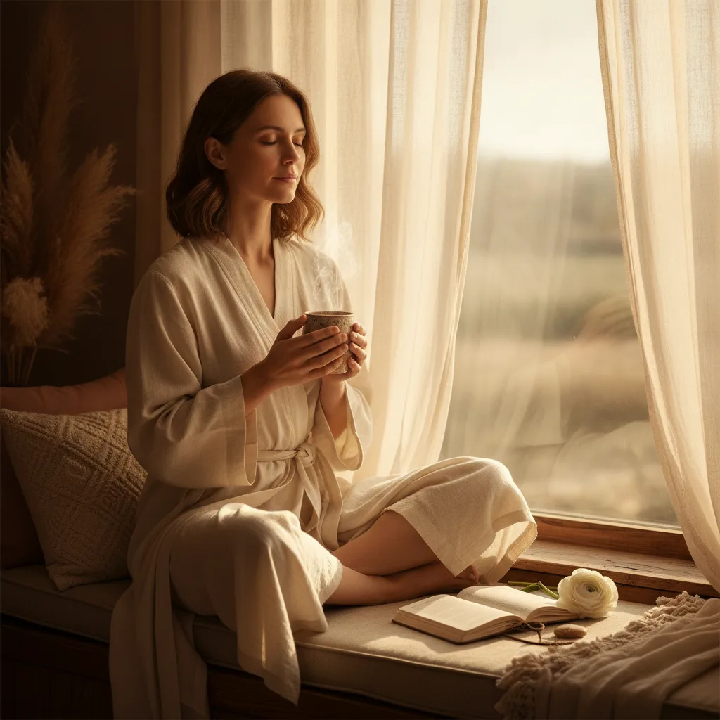 A woman enjoying a calm morning ritual